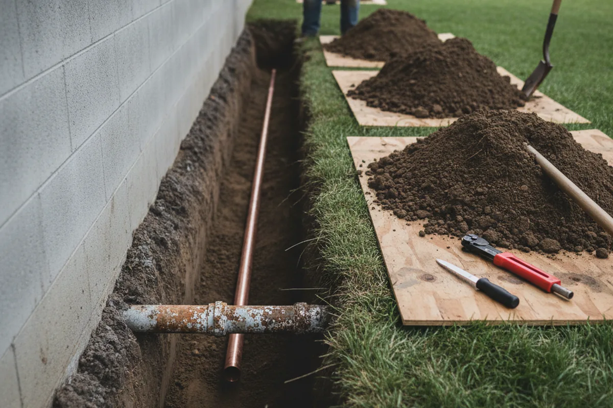 Excavated water line trench during Sewer Line Repair in Pomona